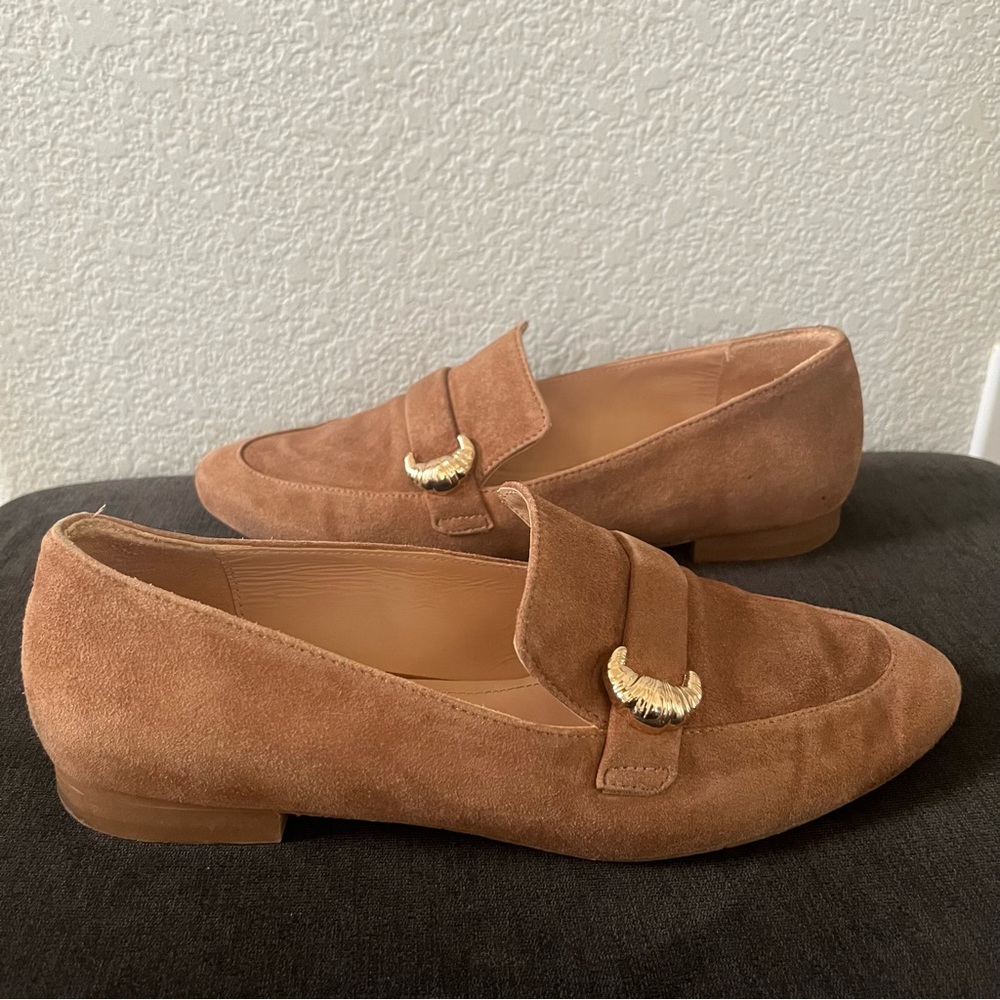 & Other Stories tan suede loafers with gold crossiant details